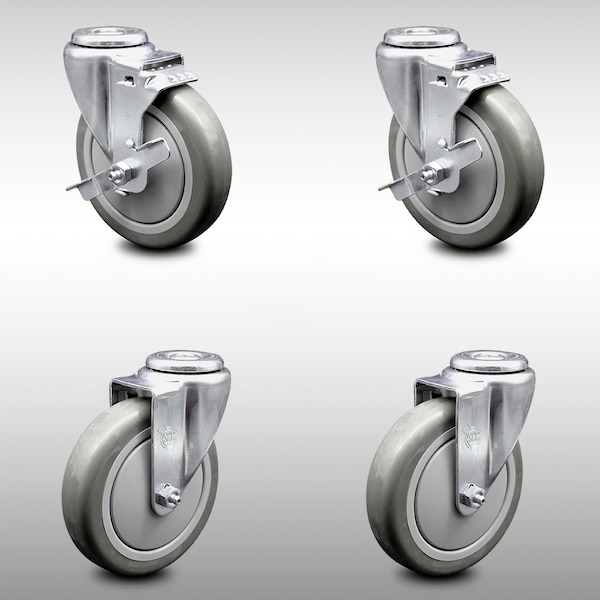 5 Inch SS Gray Polyurethane Wheel Swivel Bolt Hole Caster Set with 2 Brake SCC